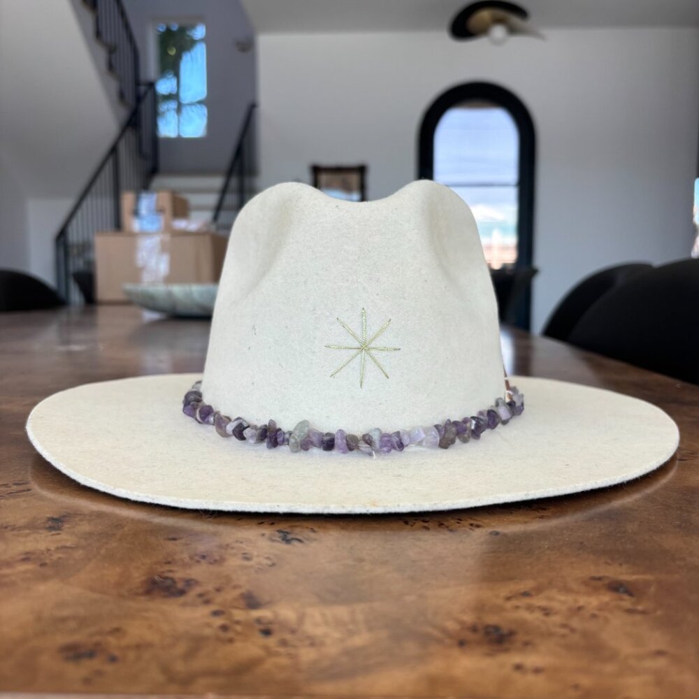 Cream Felt Fedora Hat with Amethyst Chip Band